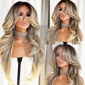 Long Curtain Bang Sexy Blowout Lace Part Wig Hair Blonde Ash Dark Root Balayage